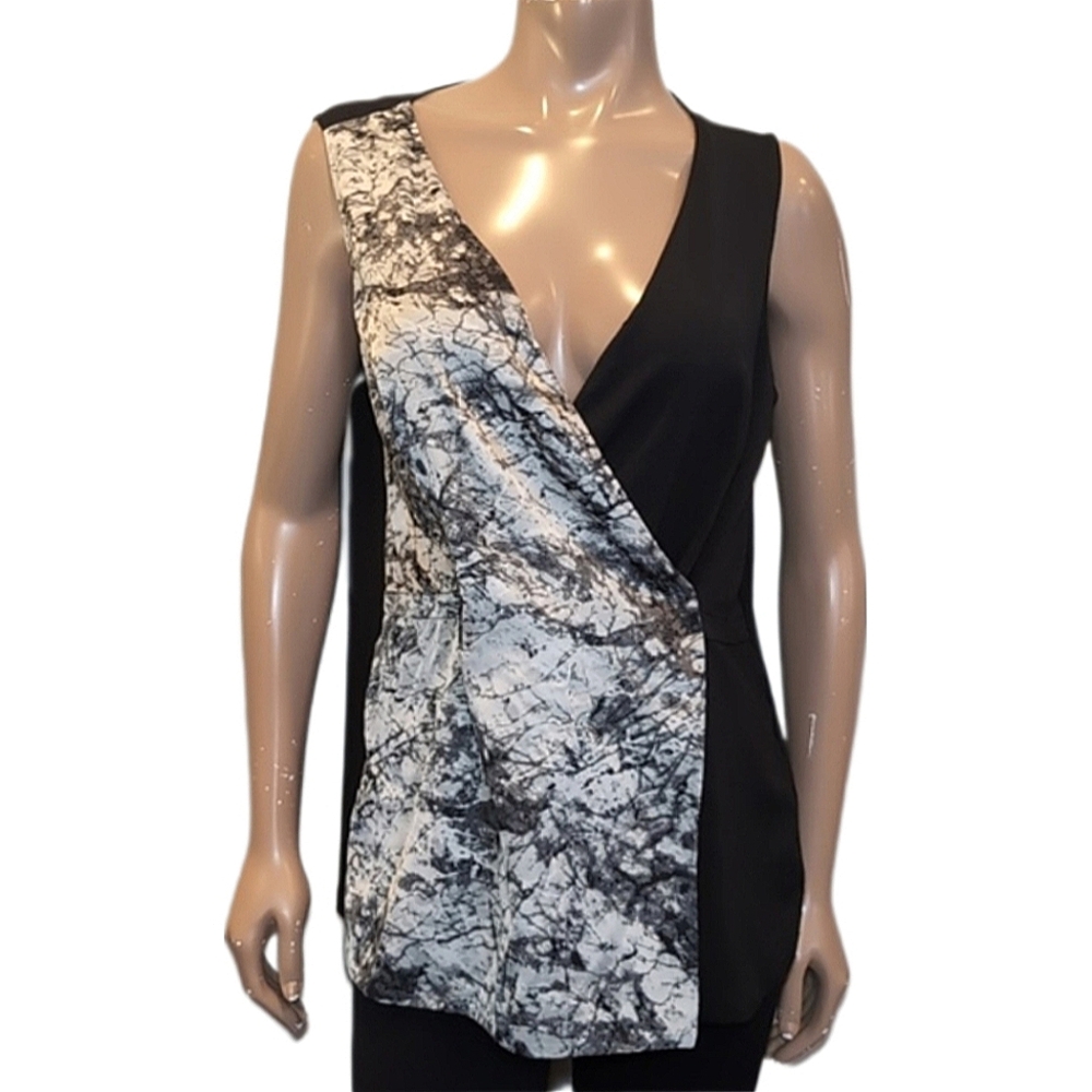 RICKIS Sleeveless Wrap Top Contrast Print Silky Stetch Vneck Tunic Blouse
